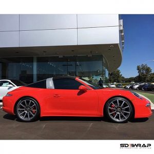 Porsche wrapped in 1080 Gloss Hot Rod Red vinyl