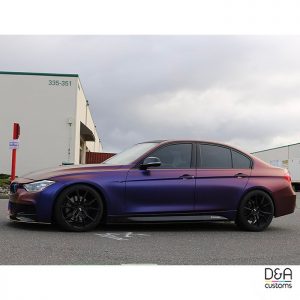 BMW wrapped in Avery ColorFlow Satin Roaring Thunder Blue/Red shade shifting vinyl