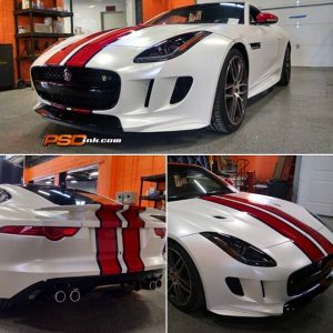 Jaguar wrapped in Satin Pearl White, Gloss Carmine Red and Metallic Dark Blue vinyls