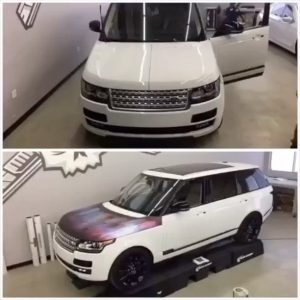 Range Rover wrapped in custom printed Orafol 3651 Clear with 3M 8915 Overlaminate over Avery SW Silver Chrome vinyl