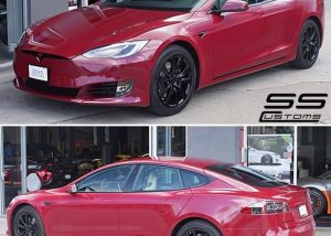 Tesla wrapped in 1080 Gloss Cinder Spark Red vinyl