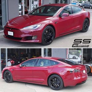 Tesla wrapped in 1080 Gloss Cinder Spark Red vinyl