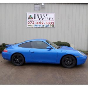 Porsche wrapped in Avery SW Metallic Diamond Blue vinyl