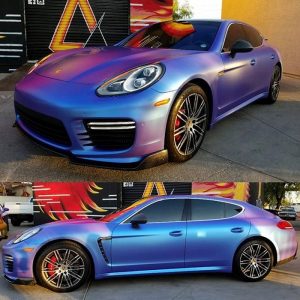 Porsche wrapped in ColorFlip Satin Glacier Frost Blue/Purple shade shifting vinyl