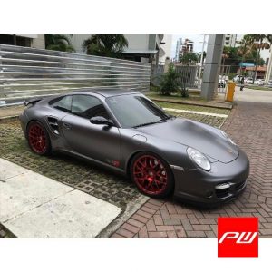 Porsche wrapped in Satin Dark Gray vinyl