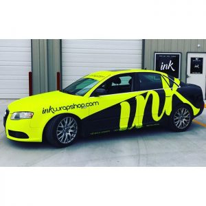 Audi wrapped in Satin Neon Fluorescent Yellow vinyl and 1080 Matte Black vinyls