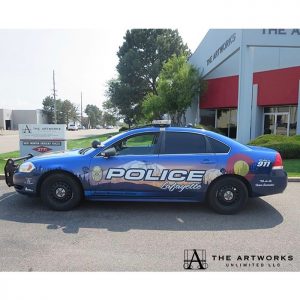 Police cruiser wrapped in custom printed Avery 1105EZRS vinyl