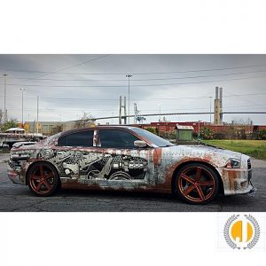 Dodge wrapped in custom printed Avery 1105EZRS vinyl