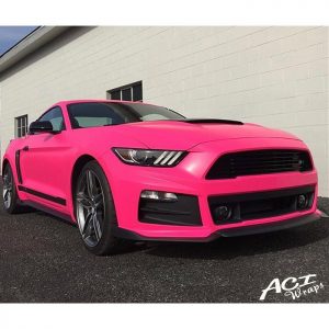 Ford mustang wrapped in Neon Fluorescent Pink vinyl