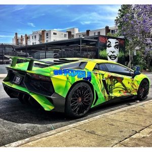 Lamborghini wrapped in custom printed 3M 1080 Satin Fluorescent Neon Yellow vinyl