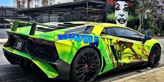 Lamborghini wrapped in custom printed 3M 1080 Satin Fluorescent Neon Yellow vinyl