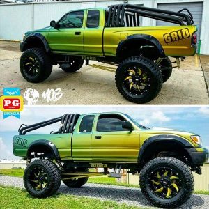 Toyota wrapped in Avery SW ColorFlow Satin Fresh Spring Gold/Silver shade shifting vinyl
