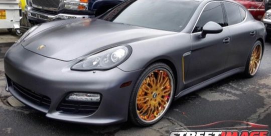 Porsche wrapped in Satin Dark Gray vinyl