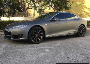Tesla wrapped in Matte Gunmetal Metallic vinyl