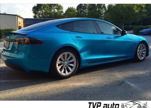Tesla wrapped in 3M 1080 Gloss Atlantis Blue vinyl