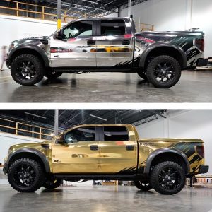 Ford trucks wrapped in both Avery SW Silver Chrome and Gold Chrome vinyls
