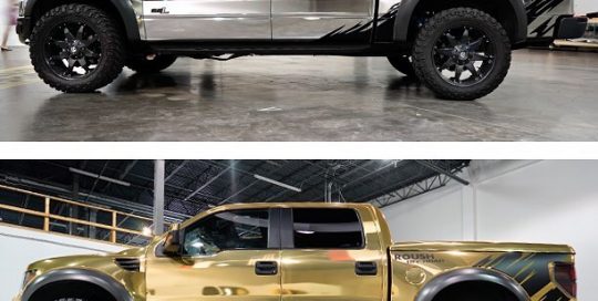 Ford trucks wrapped in both Avery SW Silver Chrome and Gold Chrome vinyls
