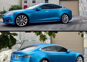 Tesla wrapped in Avery SW Satin Cielo Blue vinyl