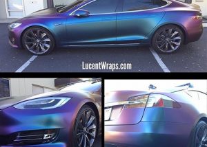 Tesla wrapped in Avery ColorFlow Satin Rushing Riptide Cyan/Purple shade shifting vinyl
