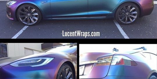 Tesla wrapped in Avery ColorFlow Satin Rushing Riptide Cyan/Purple shade shifting vinyl
