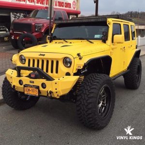 Jeep wrapped in 3M 1080 Matte Yellow vinyl