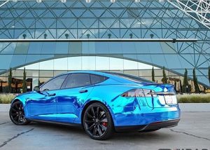 Tesla wrapped in Avery Blue Chrome vinyl