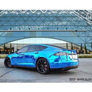 Tesla wrapped in Avery Blue Chrome vinyl