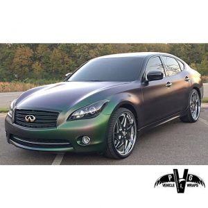 Infiniti wrapped in Avery ColorFlow Satin Urban Jungle Silver/Green shade shifting vinyl