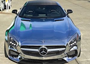 Mercedes Benz wrapped in Silver Chrome vinyl