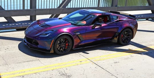 Chevrolet Corvette wrapped in ColorFlip Gloss Deep Space Blue/Bronze/Purple shade shifting vinyl