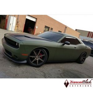 Dodge Challenger wrapped in Matte Military Green vinyl