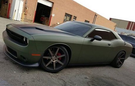 Dodge Challenger wrapped in Matte Military Green vinyl