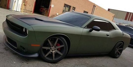 Dodge Challenger wrapped in Matte Military Green vinyl