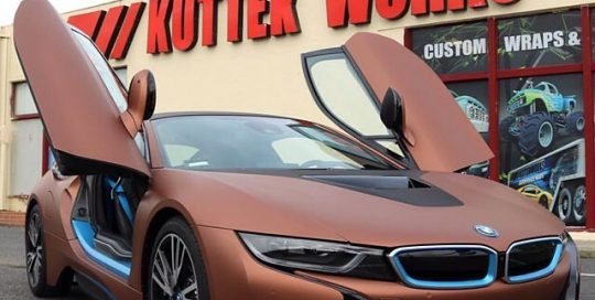 BMW wrapped Avery SW Matte Brown Metallic and Satin Cielo Blu vinyls