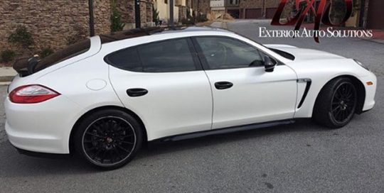 Porsche wrapped in Avery SW Satin Pearl White vinyl