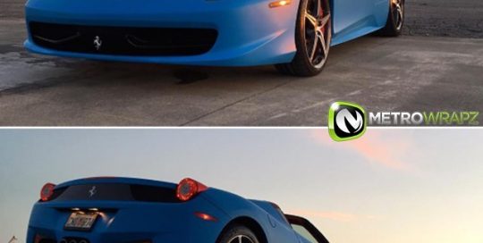 Ferrari wrapped in Matte Riviera Blue vinyl