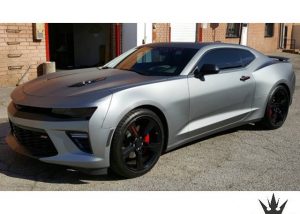 Chevrolet Camaro wrapped in Arlon UPP Matte Frozen Grey vinyl