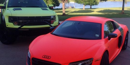 Ford wrapped in Arlon UPP Fluorescent Hi Liter Yellow and r8 wrapped in 3M 1080 Fluorescent Neon Orange vinyls