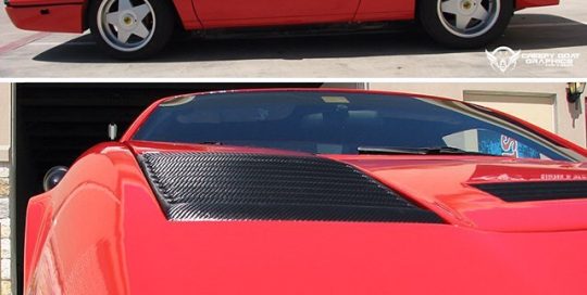 Ferrari wrapped in 1080 Hot Rod Red and Black Carbon Fiber vinyls