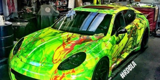 Porsche wrapped in custom printed 3M 1080 Satin Fluorescent Neon Yellow vinyl