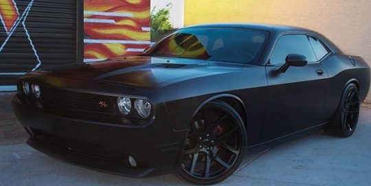Dodge Challenger wrapped in 3M 1080 Satin Black vinyl