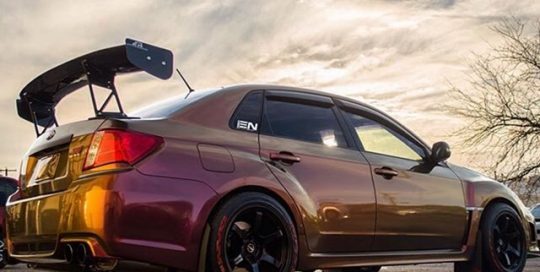 Subaru wrapped in Orafol 970RA Shift Effect Gloss Aubergine/Bronze vinyl
