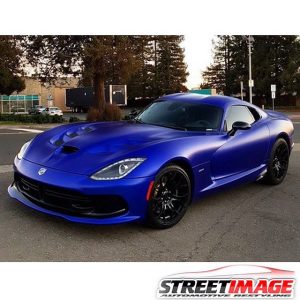 Dodge wrapped in 3M 1080 Satin Mystique Blue vinyl