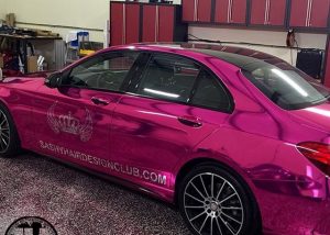 Mercedes Benz wrapped in custom printed pink on Avery SW Silver Chrome vinyl