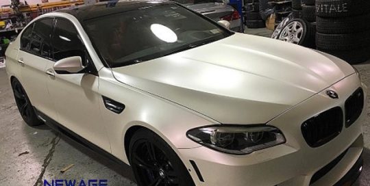 BMW wrapped in 3M 1080-SP10 Satin Pearl White