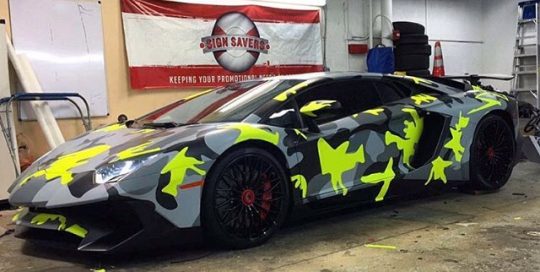 Lamborghini wrapped in custom printed 3MIJ 180Cv3 vinyl with cut Arlon UPP Matte Hi-liter Yellow vinyl