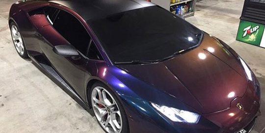 Lamborghini wrapped in 3M ColorFlip Gloss Deep Space Blue/Bronze/Purple shade shifting vinyl
