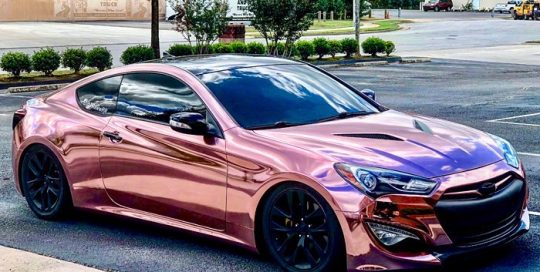 Hyundai Genesis wrapped in Avery SW Silver Chrome overlaminated with Orafol 8300 Transparent Pale Pink vinyl