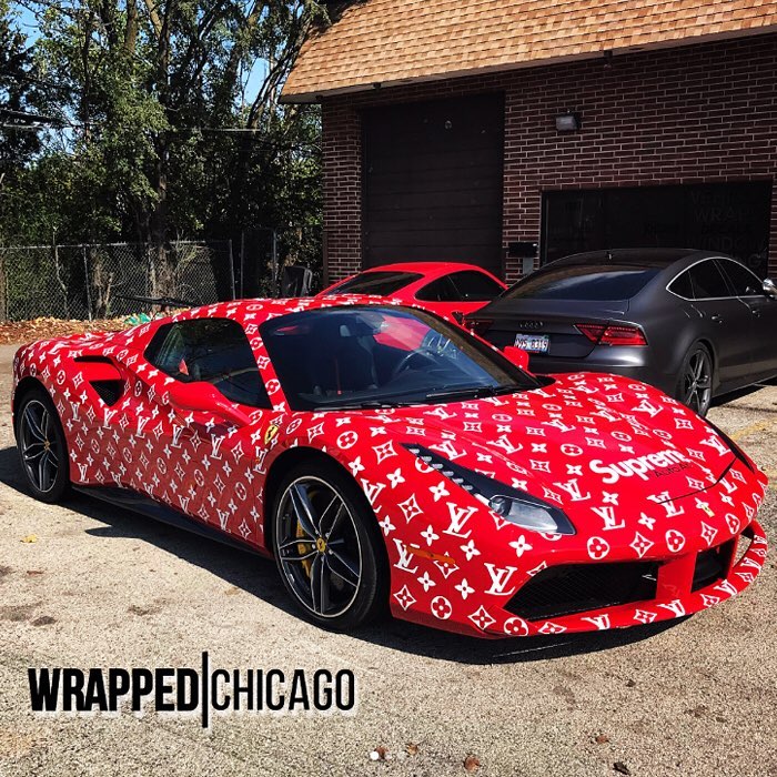 Ferrari wrapped in custom cut 3M 1080 Satin Frozen Vanilla vinyl