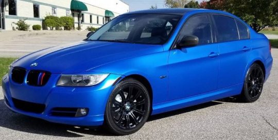 BMW wrapped in 1080 Satin Perfect Blue vinyl